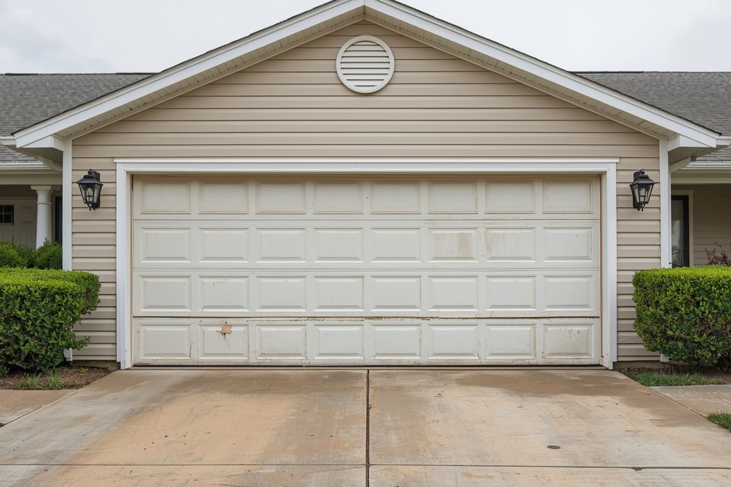 Old damaged garage door before repair by Albi Garage Doors Houston TX