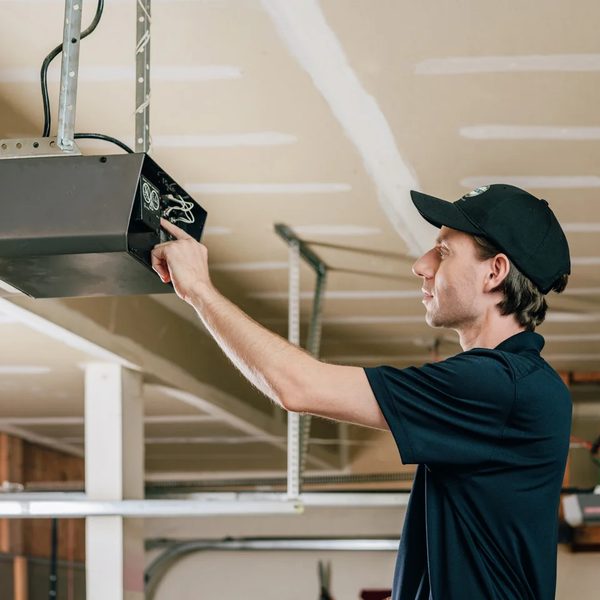 Technician servicing garage door opener in Houston TX — same-day repair